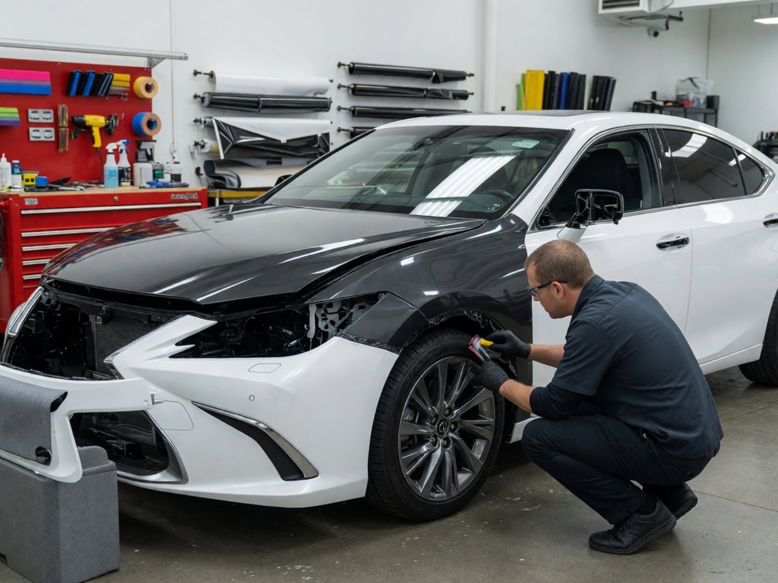 Illustration of an installer applying color change PPF to a white Lexus ES 350 with the front bumper removed