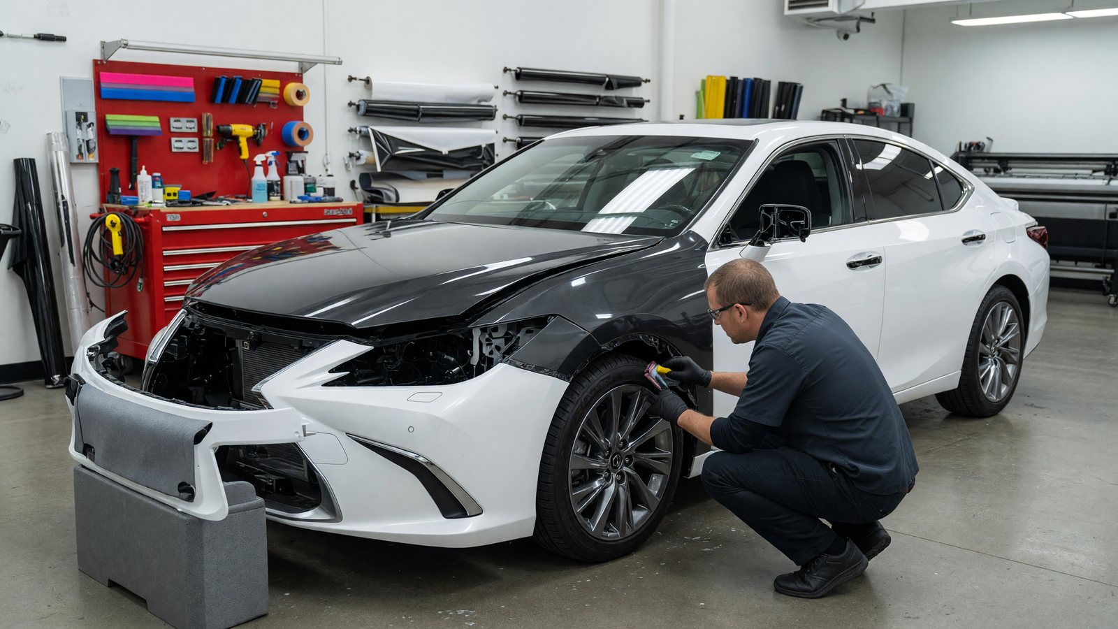 Illustration of an installer applying color change PPF to a white Lexus ES 350 with the front bumper removed